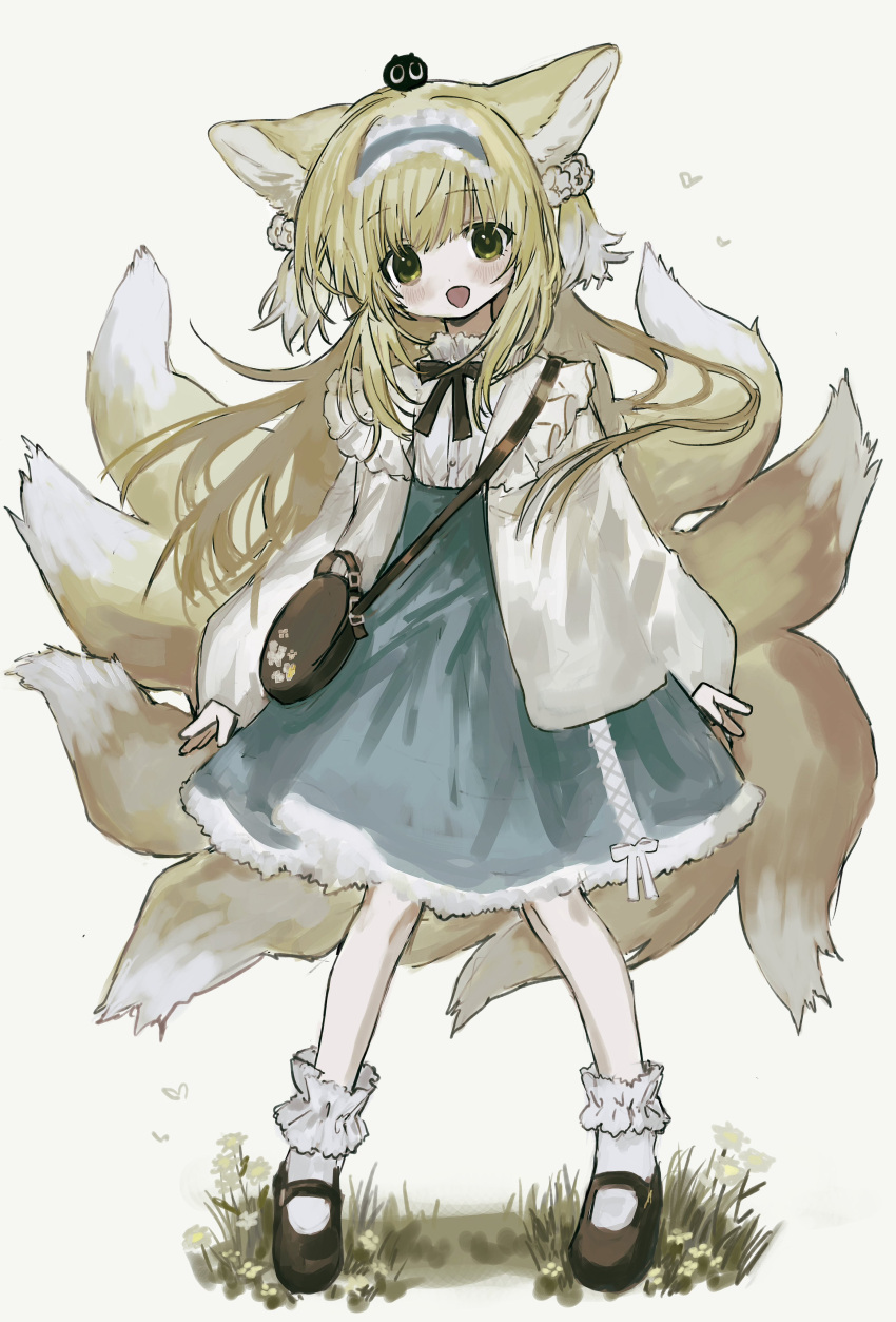 1girl absurdres animal_ears aqua_hairband aqua_skirt arknights bag black_bow black_bowtie black_cat black_footwear blonde_hair blush bobby_socks bow bowtie brown_bag cardigan cat commentary creature_on_head cross-laced_clothes cross-laced_skirt crossover fox_ears fox_girl fox_tail frilled_hairband frills full_body green_eyes hairband heixiu high-waist_skirt highres kitsune kyuubi long_hair long_sleeves looking_at_viewer luo_xiaohei_zhanji mary_janes multiple_tails official_alternate_costume open_mouth puffy_long_sleeves puffy_sleeves round_bag shirt shoes shoulder_bag simple_background skirt socks standing suzuran_(arknights) suzuran_(spring_praise)_(arknights) tail torichikushou white_background white_cardigan white_shirt white_socks