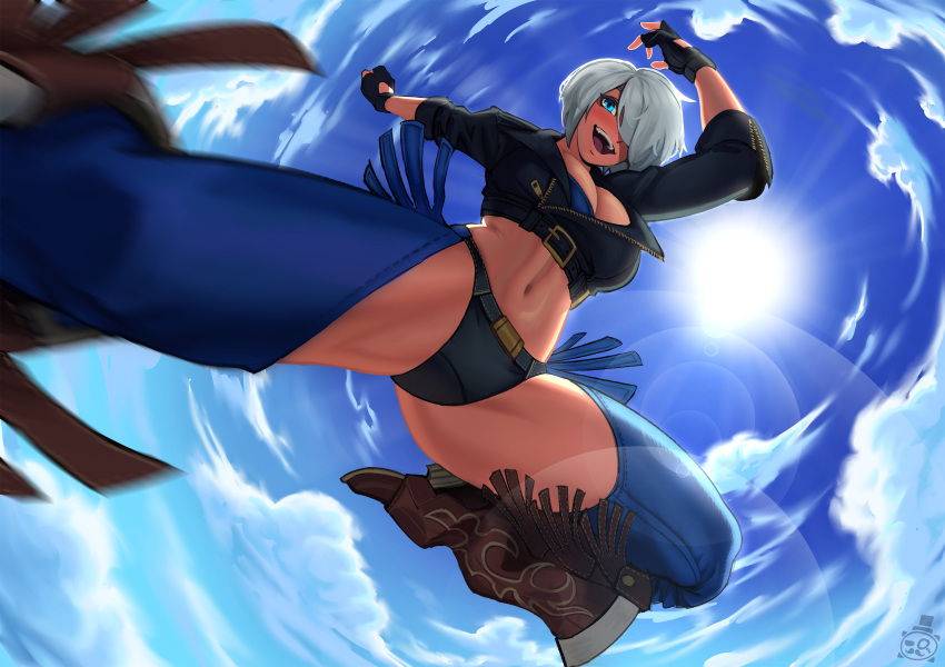 1girl absurdres angel_(kof) backless_pants blue_eyes boots bra breasts chaps cleavage cowboy_boots crop_top cropped_jacket fingerless_gloves from_below gloves hair_over_one_eye highres jacket kicking large_breasts leather leather_jacket looking_at_viewer midriff navel omega_tizona open_mouth panties pants short_hair smile snk solo strapless strapless_bra the_king_of_fighters the_king_of_fighters_xiv toned underwear white_hair