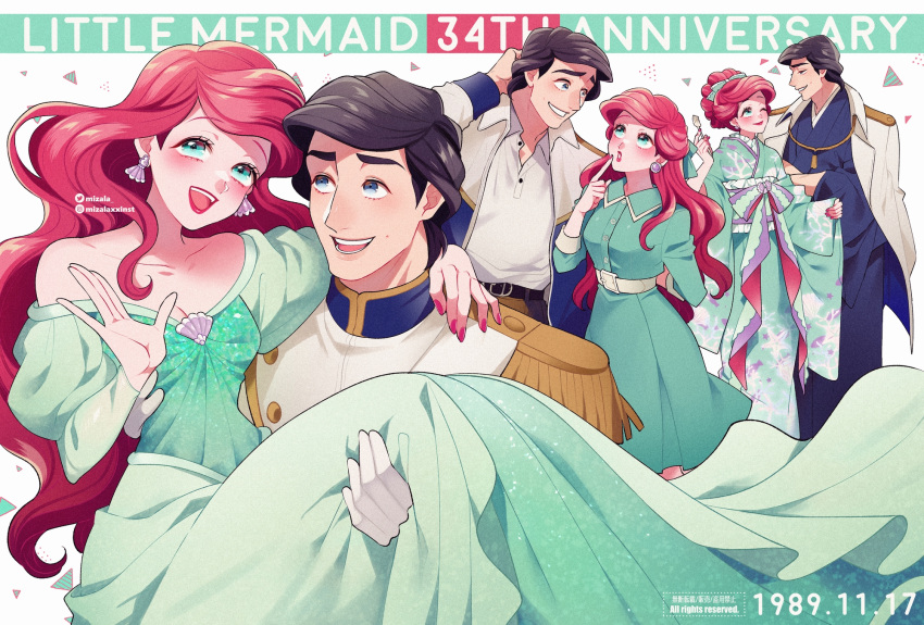 1boy 1girl aqua_eyes ariel_(disney) belt black_hair blue_eyes blush carrying collared_dress disney dress earrings epaulettes eric_(disney) green_dress green_kimono hair_bun highres jacket japanese_clothes jewelry kimono long_dress long_hair mizala multiple_views open_clothes open_jacket pink_nails princess_carry red_hair red_lips shell shell_earrings smile the_little_mermaid white_belt