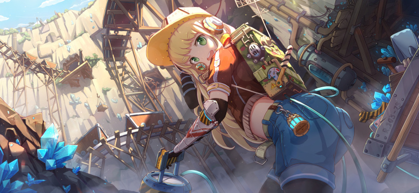 1girl blonde_hair blue_shorts blue_sky catxuan cliff cloud crystal day denim denim_shorts green_eyes hardhat helmet looking_at_viewer minecart miner mineshaft original outdoors pantyhose_under_shorts railroad_tracks round_teeth shorts sky smile solo tagme teeth