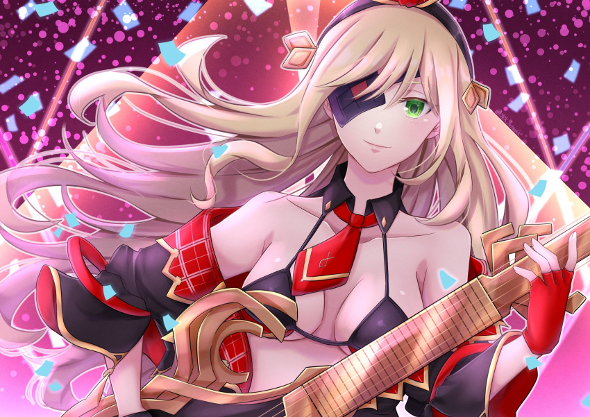 1girl blonde_hair breasts cleavage closed_mouth collarbone commentary_request eyepatch fingerless_gloves gloves green_eyes highres holding holding_instrument instrument long_hair looking_at_viewer music necktie othinus playing_instrument red_gloves red_necktie smile solo toaru_majutsu_no_index toaru_majutsu_no_index:_new_testament zack_betsuaka