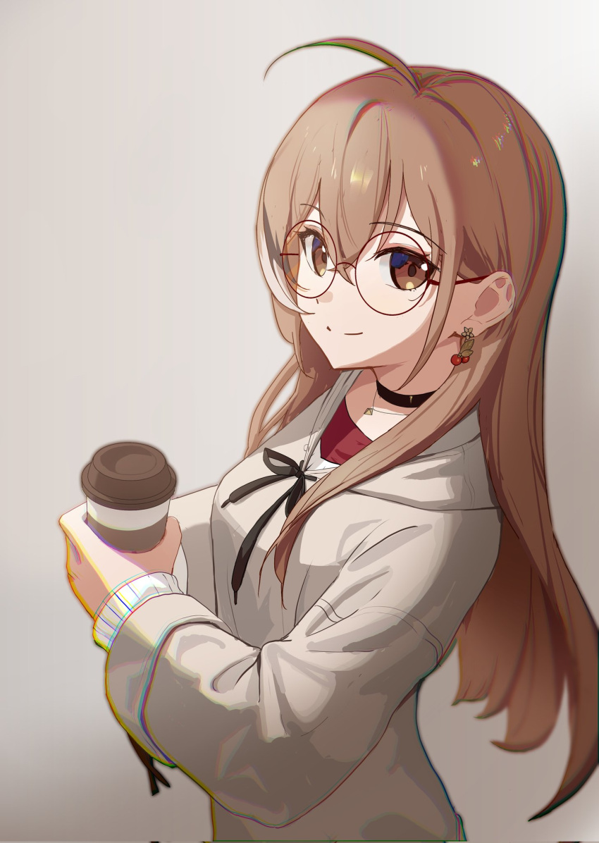 1girl ahoge ashamutoki berry black_choker brown_eyes brown_hair brown_hoodie choker chromatic_aberration coffee_cup crossed_bangs cup disposable_cup earrings food-themed_earrings glasses highres holding holding_cup hololive hololive_english hood hoodie jewelry long_hair looking_at_viewer multicolored_hair nanashi_mumei nanashi_mumei_(3rd_costume) necklace official_alternate_costume red_shirt round_eyewear shirt sleeves_past_wrists smile streaked_hair sweater virtual_youtuber white_sweater wide_sleeves