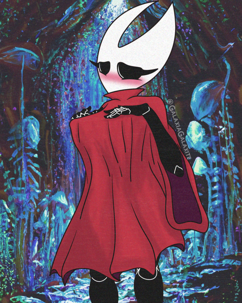 anthro arthropod big_breasts black_body black_eyes blush breasts clothed clothing eyelashes female galaxiagalaxite hand_on_chest hi_res hollow_knight hornet_(hollow_knight) insect red_cape solo team_cherry white_body