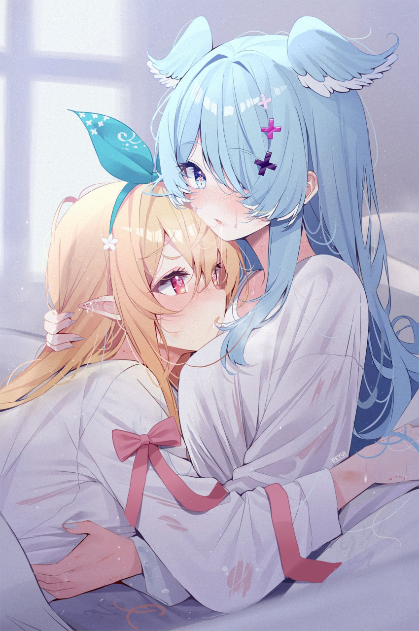 2girls blonde_hair blue_eyes blue_hair blush bow deyui dragon_girl elira_pendora fairy flower green_ribbon hair_flower hair_ornament hair_over_one_eye head_wings heart heart-shaped_pupils hickey highres hug long_hair lying multiple_girls nijisanji nijisanji_en on_back on_stomach one_eye_covered open_mouth pointy_ears pomu_rainpuff red_eyes ribbon shirt symbol-shaped_pupils upper_body virtual_youtuber white_background white_shirt wings x_hair_ornament yuri