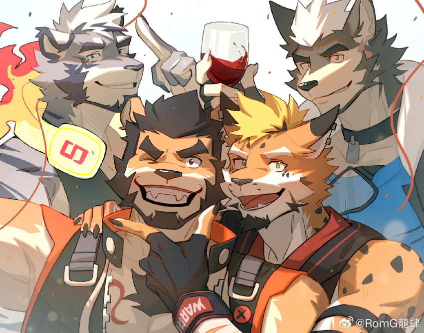 4boys :d alca_the_lion animal_ears bara beard beenic black_hair cup dog_boy dog_ears drinking_glass facial_hair fiery_headphones finger_gun furry furry_male grey_fur gyee hand_on_another's_chin jaguar_boy lion_boy lion_ears looking_at_viewer mature_male multiple_boys muscular muscular_male original pectoral_cleavage pectorals romg_the_jaguar salute second-party_source short_hair smile thick_eyebrows toseii two-finger_salute upper_body uutiger wine_glass