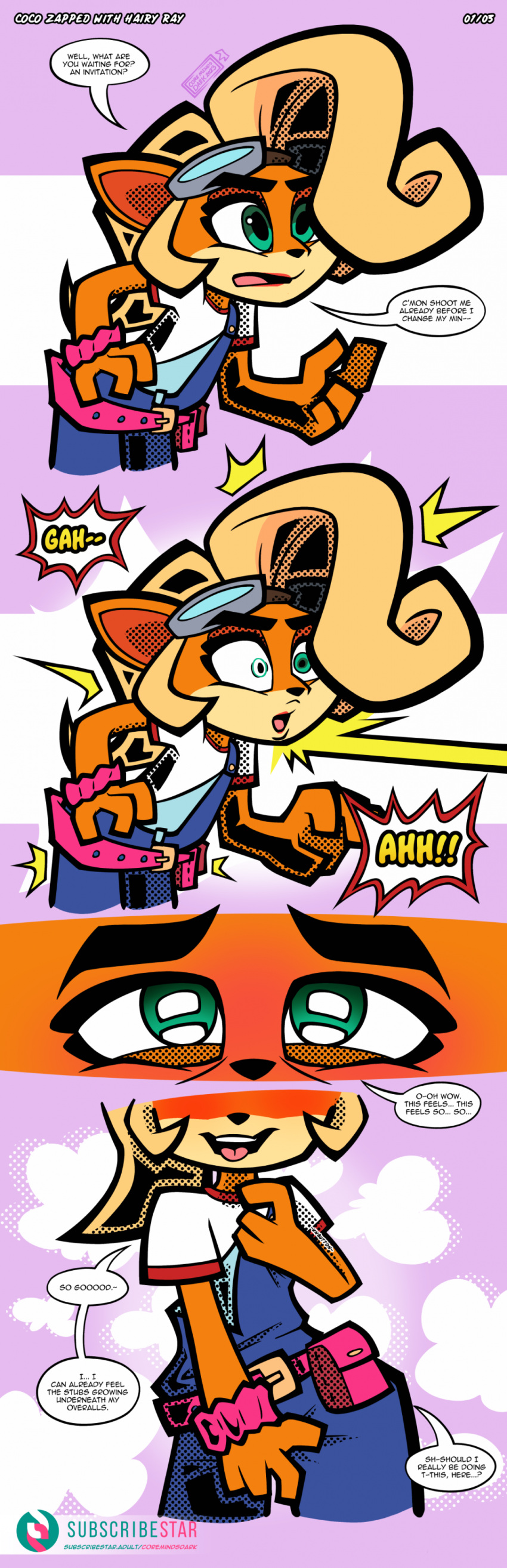 absurd_res activision anthro aroused blush clothing coco_bandicoot coremindsdark crash_bandicoot_(series) female fur growth hair hair_growth hi_res overalls pubes solo text