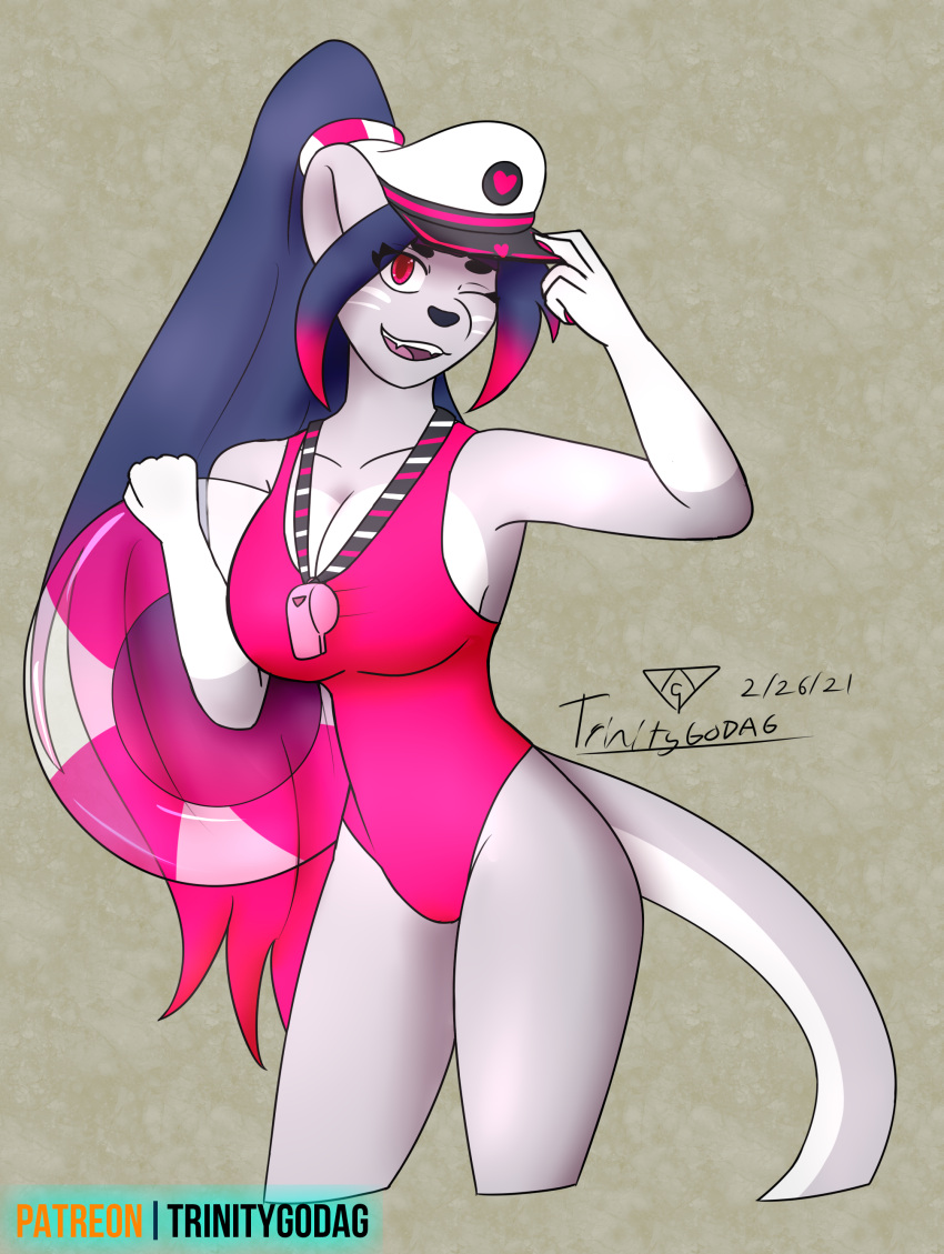 2021 absurd_res anthro breasts clothing curvy_figure digital_drawing_(artwork) digital_media_(artwork) female hat headgear headwear hi_res highlights_(coloring) highlights_coloring humanoid mammal mustelid open_mouth otter patreon pink_highlights signature simple_background smile solo swimwear trinitygodag