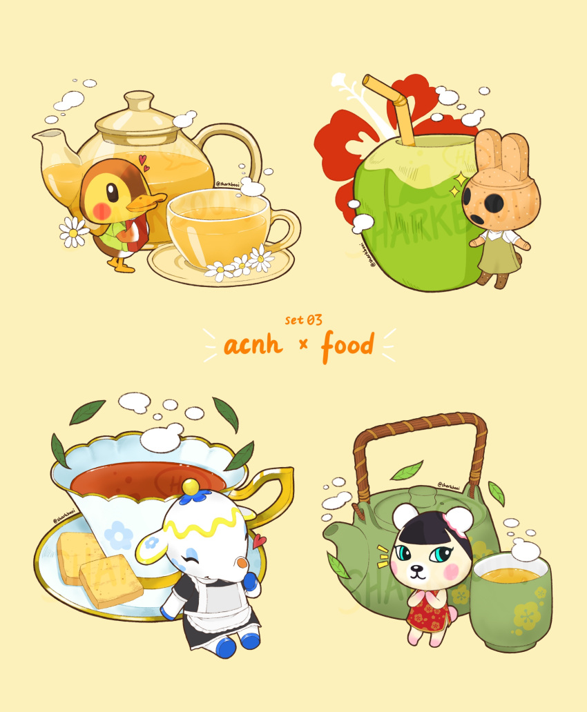 4girls :3 ^_^ absurdres animal_crossing apron artist_name bear_girl black_dress black_hair blush blush_stickers book china_dress chinese_clothes closed_eyes closed_mouth coco_(animal_crossing) coconut coconut_cup commentary_request cookie cup dress drinking_straw duck_girl elephant_girl floral_print flower food furry furry_female green_dress green_shirt hand_up heart hibiscus highres holding holding_book leaf looking_at_viewer maid molly_(animal_crossing) multiple_girls notice_lines pekoe_(animal_crossing) pinafore_dress rabbit_girl red_dress saucer sharkbooi shirt short_sleeves simple_background sleeveless sleeveless_dress smile sparkle steam tea tea_leaves teacup teapot tia_(animal_crossing) twitter_username waist_apron white_apron white_flower white_shirt yellow_background yunomi