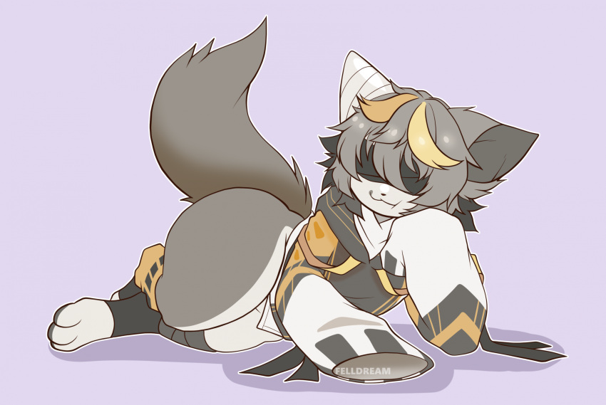 anthro blindfold domestic_cat face_squish felid feline felis felldream hi_res kemono long_sleeves male mammal paws simple_background smug solo squish wide_hips