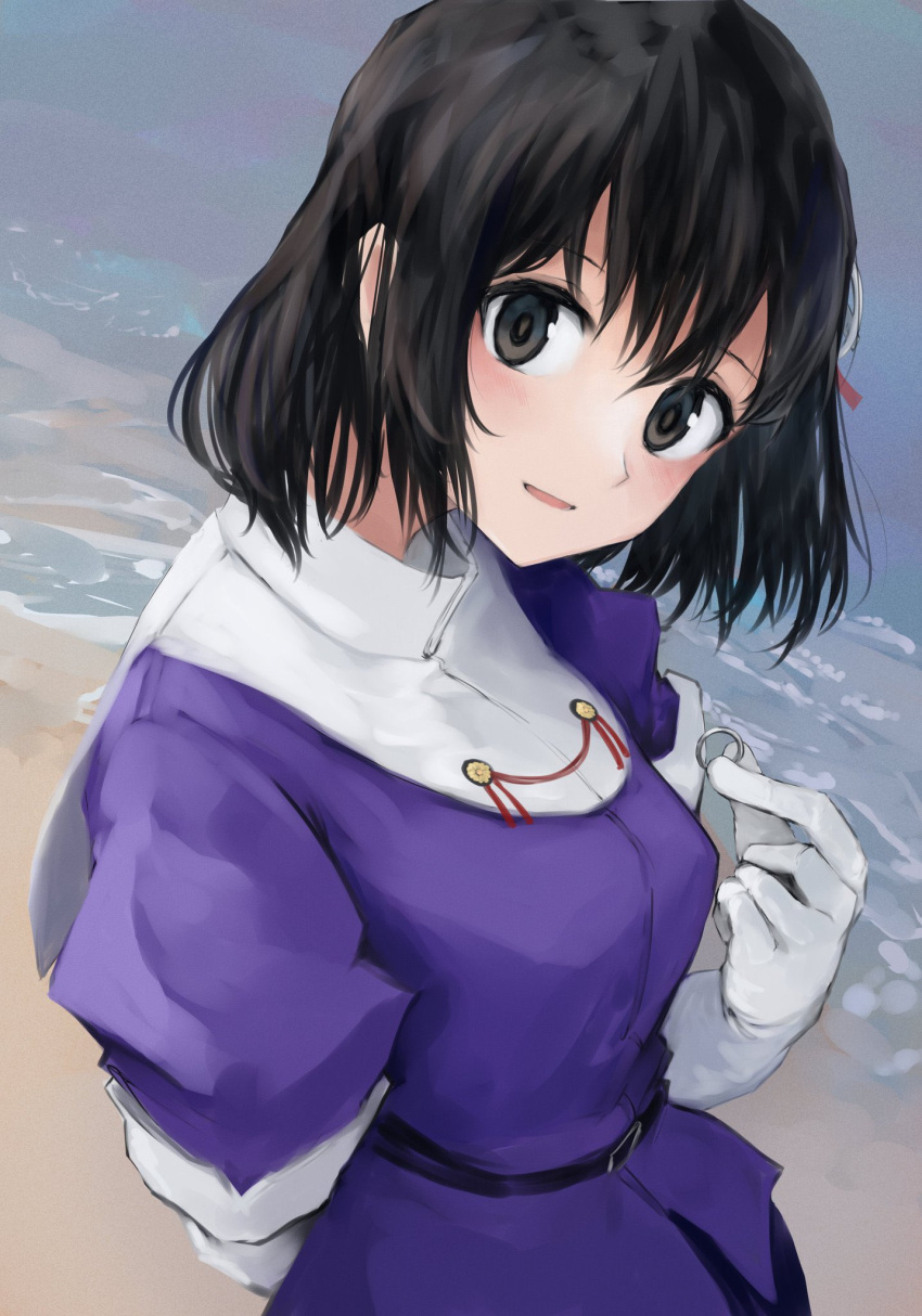 1girl 73suke beach black_eyes black_hair black_skirt bob_cut commentary_request elbow_gloves gloves haguro_(kancolle) hair_ornament highres kantai_collection looking_at_viewer military_uniform purple_shirt shirt short_hair skirt solo uniform upper_body white_gloves