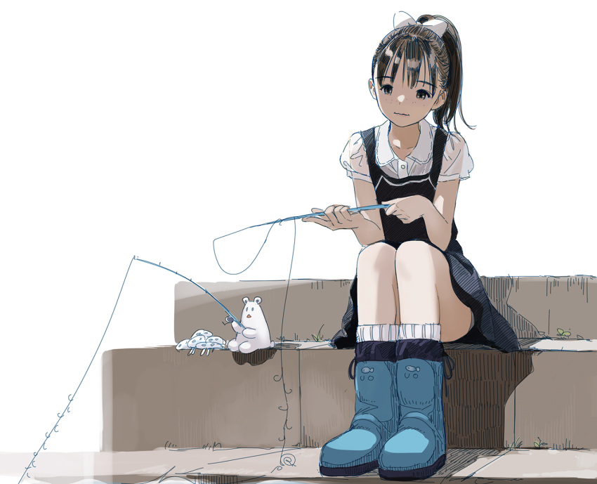 1girl black_dress black_eyes black_hair blue_footwear boots bow commentary_request creature dress fishing_rod full_body hair_bow highres holding holding_fishing_rod kokudou_juunigou medium_hair original ponytail short_sleeves sitting solo white_background white_bow