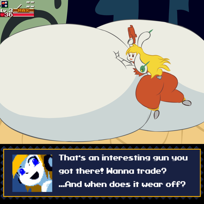 absurd_res alternate_species anthro big_breasts big_butt blonde_hair bottomwear breasts butt cave_story clothing curly_brace detailed_background dialogue female fur gameplay_mechanics gun hair hi_res huge_breasts huge_butt huge_thighs hyper hyper_breasts immobile inflation_fetish kifstopher lagomorph looking_at_viewer mammal mimiga on_breasts open_mouth pants ranged_weapon shirt smile solo text thick_thighs topwear torn_clothing wardrobe_malfunction weapon white_body white_fur