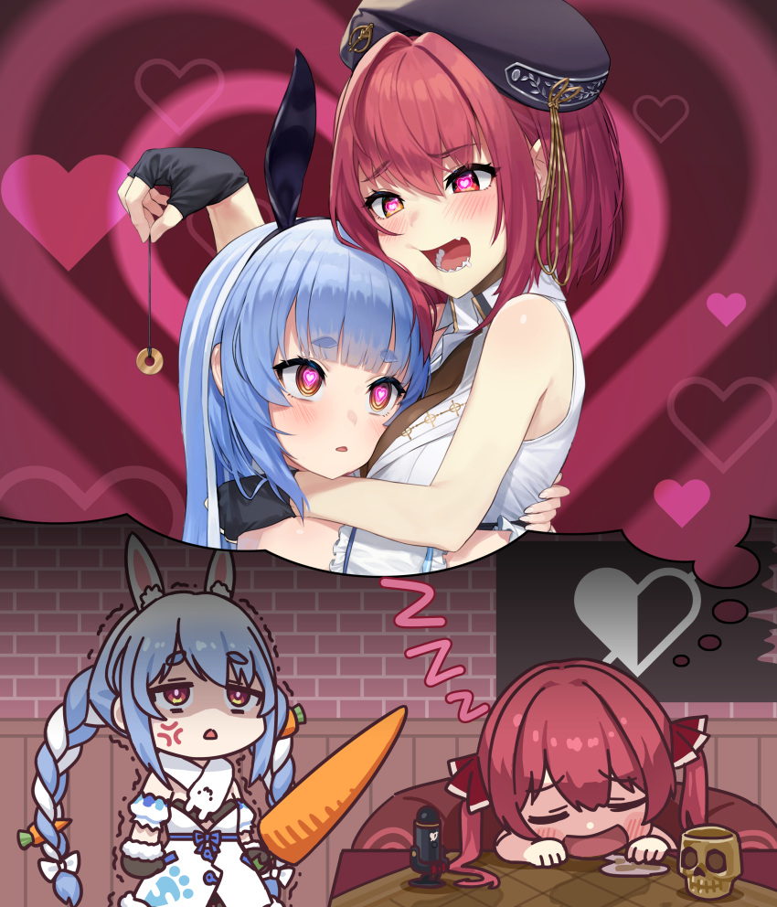 2girls @_@ absurdres anger_vein angry animal_ear_fluff animal_ears arrow_through_heart beret black_gloves black_headwear blue_bow blue_hair blush bodystocking bow braid breasts brick_wall carrot carrot_hair_ornament closed_eyes coat collared_shirt commentary_request detached_sleeves dreaming drooling face_to_breasts fake_animal_ears fingerless_gloves flag food-themed_hair_ornament fur-trimmed_coat fur-trimmed_gloves fur_scarf fur_trim gloves hair_bow hair_intakes hair_ornament hat heart heart_background heart_in_eye heterochromia highres holding holding_carrot holding_pendulum hololive houshou_marine houshou_marine_(1st_costume) houshou_marine_(6th_costume) hug hypnosis indoors large_breasts long_hair microphone mind_control mouth_drool multiple_girls open_mouth parted_lips partially_unbuttoned pendulum puffy_detached_sleeves puffy_sleeves rabbit_ears rabbit_girl reccu red_eyes red_hair scarf shirt short_eyebrows short_hair sidelocks sleeping sleeveless sleeveless_shirt standing straight_hair strapless_coat swept_bangs symbol_in_eye table thick_eyebrows trembling twin_braids twintails usada_pekora usada_pekora_(1st_costume) usada_pekora_(5th_costume) virtual_youtuber white_bow white_coat white_hair white_scarf white_shirt wrist_cuffs yellow_eyes zzz