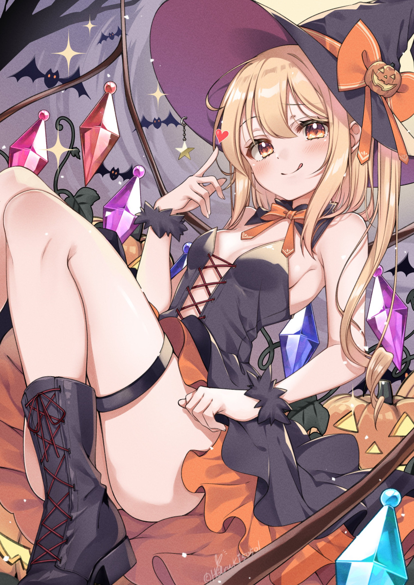 1girl absurdres black_dress black_footwear black_headwear blonde_hair blush boots breasts closed_mouth crystal dress flandre_scarlet halloween halloween_costume haruki_(colorful_macaron) hat highres long_hair one_side_up red_eyes small_breasts smile solo thigh_strap tongue tongue_out touhou twitter_username wings witch_hat