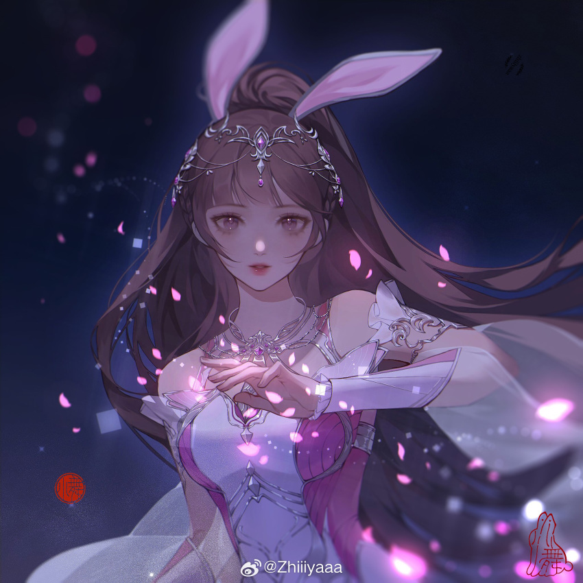 1girl animal_ears artist_request bare_shoulders blush braid breasts brown_hair circle douluo_dalu dress falling_petals highres long_hair looking_at_viewer medium_breasts night parted_lips petals pink_dress rabbit_ears second-party_source solo square teeth upper_body xiao_wu_(douluo_dalu)