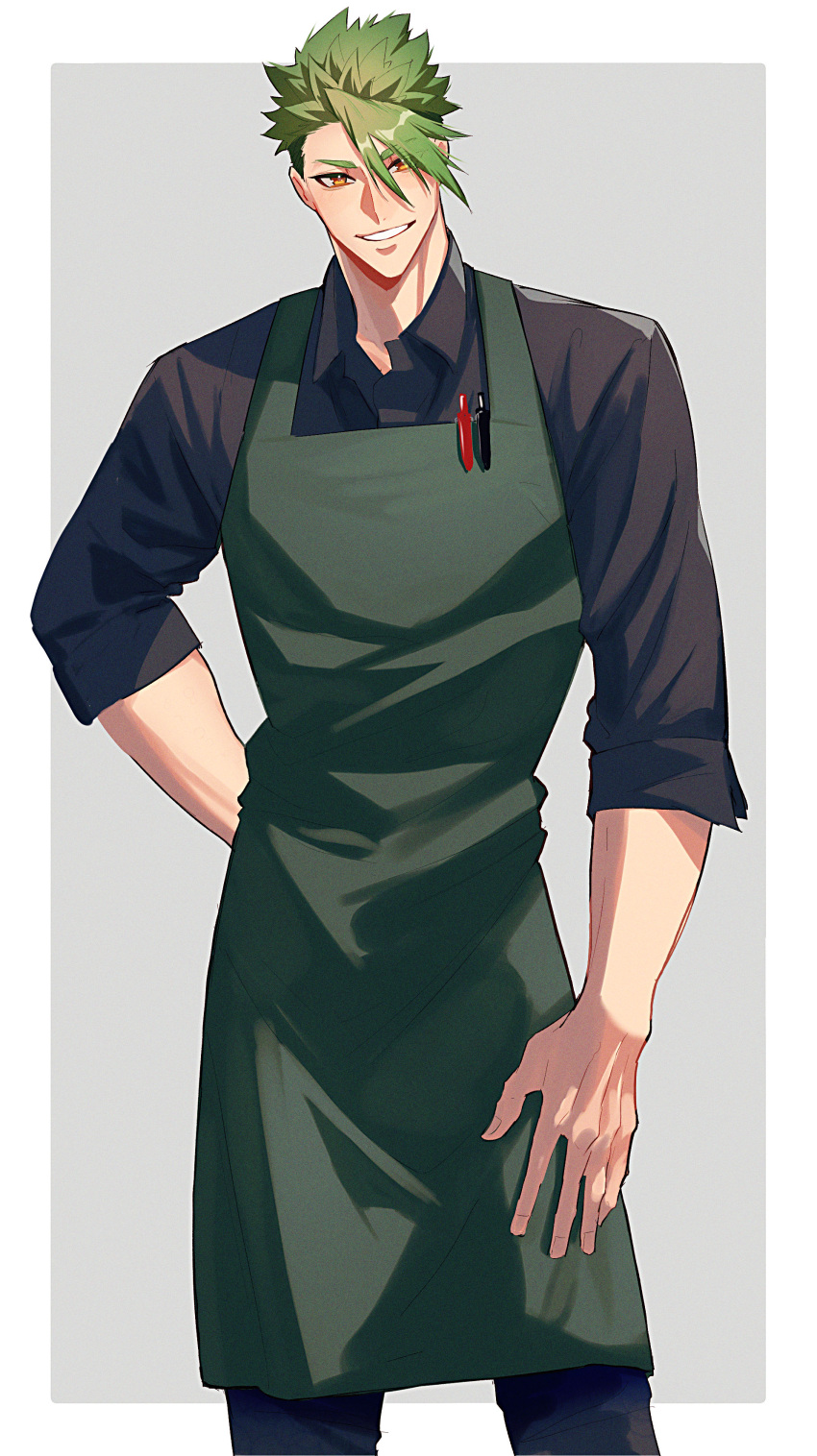 1boy absurdres achilles_(fate) apron arm_at_side arm_behind_back black_pants black_shirt border brown_eyes collared_shirt cowboy_shot fate/grand_order fate_(series) fingerless_gloves gloves green_apron grey_background grin haruakira highres looking_at_viewer male_focus mature_male pants pen shirt short_hair sleeves_past_elbows smile solo undercut white_border