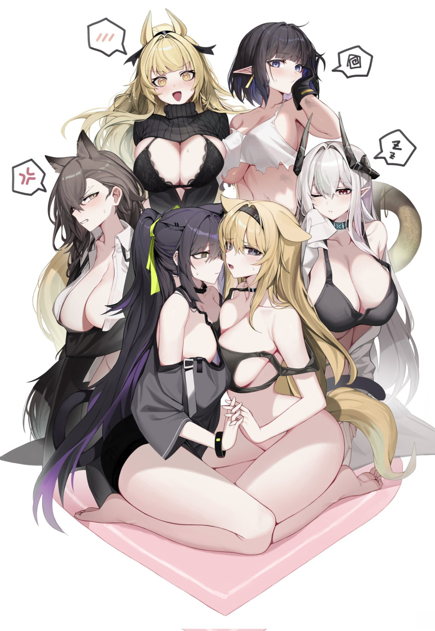 6+girls anger_vein animal_ears arknights arm_under_breasts asymmetrical_docking black_bra black_gloves black_sweater blonde_hair blue_eyes blush bottomless bra breast_envy breast_press breasts breasts_squeezed_together brown_eyes brown_hair character_request choker cleavage clenched_teeth collarbone crop_top earrings eunectes_(arknights) floating_hair gloves hair_between_eyes hand_on_own_cheek hand_on_own_face highres holding_hands horns jewelry lace-trimmed_bra lace_trim long_hair looking_at_viewer midriff mudrock_(arknights) multiple_girls ness_(pjw0168) open_clothes open_mouth open_shirt pointy_ears ponytail ribbed_sweater seiza shrug_(clothing) sideboob simple_background sitting slit_pupils snake_tail speech_bubble spoken_anger_vein spoken_blush spoken_squiggle spoken_zzz squiggle strap_slip sweater tail teeth torn_clothes translated turtleneck turtleneck_sweater underboob underwear v_arms very_long_hair white_background yellow_pupils zzz