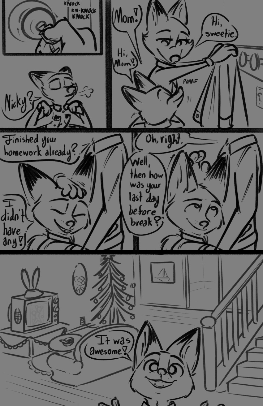 2022 christmas christmas_tree clothing comic detailed_background dialogue disney embrace female furniture hi_res holidays hug inside key male monochrome mother_(lore) mother_and_child_(lore) mother_and_son_(lore) mrs._wilde nick_wilde parent_(lore) parent_and_child_(lore) parent_and_son_(lore) plant sofa son_(lore) speech_bubble stairs tangerine_(artist) television tree uniform winter_clothing young zootopia