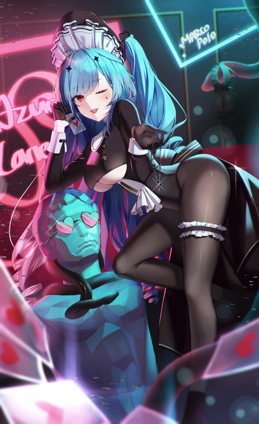 1girl absurdres azur_lane black_gloves black_pantyhose blue_hair breasts card character_name clothing_cutout copyright_name cross cross_necklace facial_mark forked_tongue gloves half_gloves heart heart-shaped_eyewear highres holding holding_jewelry holding_necklace jewelry large_breasts leaning_forward lel long_hair long_sleeves looking_at_viewer maid_headdress marco_polo_(azur_lane) marco_polo_(the_queen_of_hearts)_(azur_lane) necklace official_alternate_costume one_eye_closed pantyhose playing_card red_eyes snake solo standing standing_on_one_leg tongue underboob underboob_cutout very_long_hair