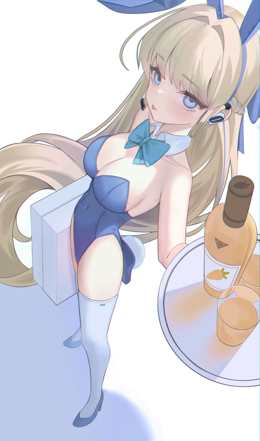 1girl absurdres animal_ears blonde_hair blue_archive blue_bow blue_bowtie blue_eyes blue_hair blue_leotard bow bowtie braid breasts cleavage detached_collar fake_animal_ears fake_tail highres holding holding_tray leotard long_hair medium_breasts multicolored_hair official_alternate_costume rabbit_ears rabbit_tail simple_background solo standing strapless strapless_leotard streaked_hair tail thighhighs toki88909 toki_(blue_archive) toki_(bunny)_(blue_archive) tongue tongue_out tray white_background white_thighhighs