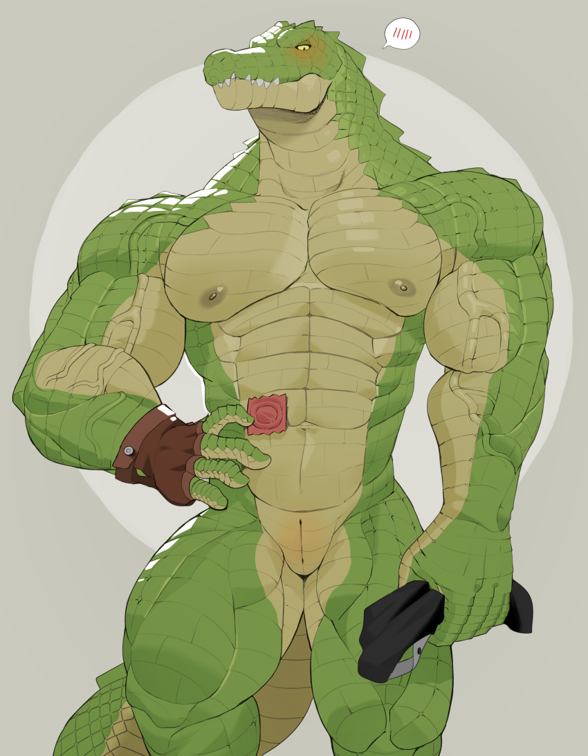 abs absurd_res anthro biceps biped blush blush_lines clothing condom_wrapper crocodile crocodilian crocodylid endn fingers gloves green_body green_scales handwear hi_res looking_at_viewer male muscular muscular_anthro muscular_male navel nipples nude pecs pupils reptile scales scalie sharp_teeth simple_background slit slit_pupils solo speech_bubble tail tan_body tan_scales teeth underwear vein