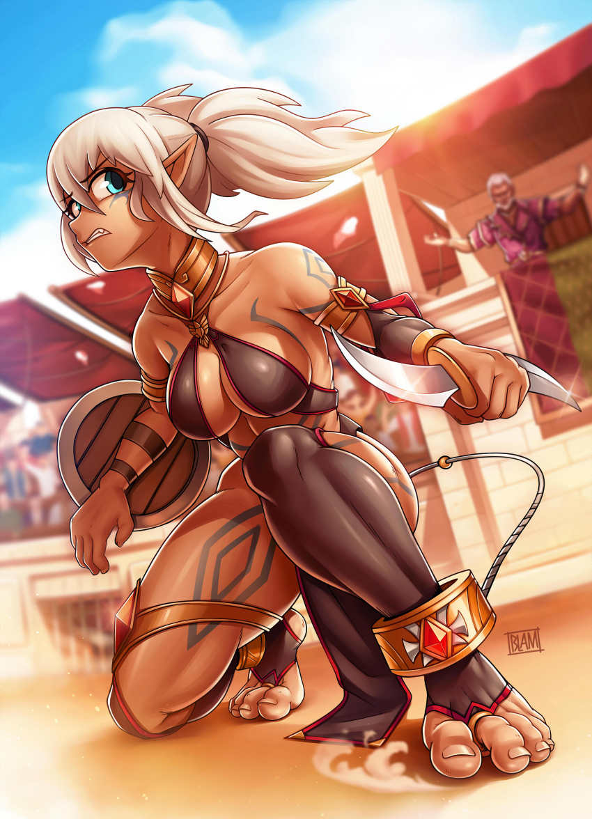 1girl absurdres ankle_cuffs artist_name ass bare_shoulders beard blam blue_eyes body_markings bound bound_legs breasts bridal_legwear chain cloud cloudy_sky colosseum commission cuffs dark-skinned_female dark_skin day double-blade elf facial_hair gladiator gladiatrix gold_armor highres holding holding_sword holding_weapon iron_bars lettanya loincloth long_beard medium_breasts midriff original pink_shirt pixiv_commission pointy_ears sand shackles shield shirt sky slave stirrup_legwear sword tan thighs toeless_legwear toes weapon white_hair wide-eyed