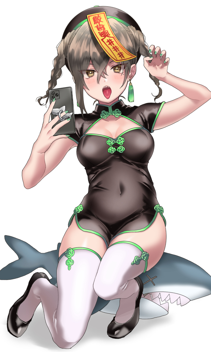 1girl absurdres arm_up black_dress black_hair blush breasts brown_eyes cellphone china_dress chinese_clothes cleavage cleavage_cutout clothing_cutout collarbone covered_navel dress earrings flats full_body green_nails hair_between_eyes hat highres holding holding_phone idolmaster idolmaster_cinderella_girls idolmaster_cinderella_girls_starlight_stage jewelry jiangshi kanji long_hair looking_at_viewer medium_breasts mole mole_under_eye ofuda open_mouth phone qing_guanmao ro_torobo sharp_teeth short_sleeves side_slit simple_background sitting sitting_on_object smartphone solo stuffed_animal stuffed_shark stuffed_toy sunazuka_akira teeth thighhighs tongue tongue_out twintails white_background white_thighhighs