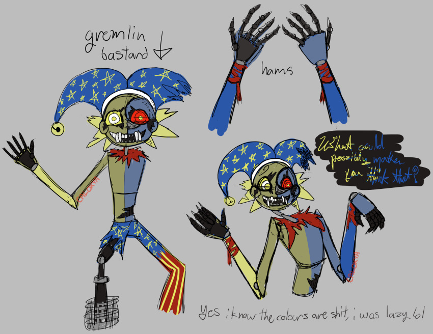 animatronic broken caloxya clothing colored_sketch damaged daycare_attendant_(fnaf) five_nights_at_freddy's five_nights_at_freddy's:_security_breach fool's_hat hat headgear headwear hi_res humanoid jester machine male robot ruined_daycare_attendant_(fnaf) scottgames sketch solo steel_wool_studios withered