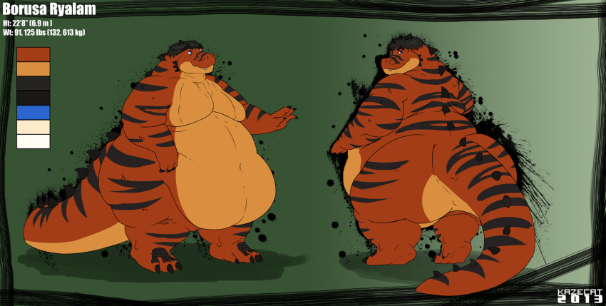 2013 anthro belly big_belly big_moobs black_hair blue_eyes borusaryalam claws color_swatch dinosaur hair height hi_res huge_belly kazecat male model_sheet moobs morbidly_obese morbidly_obese_anthro morbidly_obese_male nude obese obese_anthro obese_male orange_body orange_scales overweight overweight_anthro overweight_male reptile scales scalie solo striped_back theropod thick_thighs tyrannosaurid tyrannosaurus tyrannosaurus_rex weights wide_hips