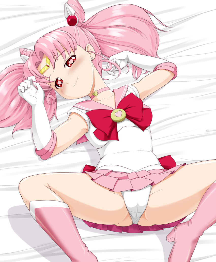 1girl bed_sheet bishoujo_senshi_sailor_moon blush boots bow cameltoe chibi_usa choker commentary crotch curly_hair day_dreamer earrings elbow_gloves eyelashes gloves hair_ornament heart heart-shaped_pupils high_heels highres jewelry knee_boots leotard leotard_peek on_bed pink_footwear pink_hair pink_skirt playing_with_own_hair sailor_chibi_moon seductive_smile short_twintails sidelocks skirt smile split spread_legs symbol-shaped_pupils thighs tiara twintails upskirt white_gloves white_leotard