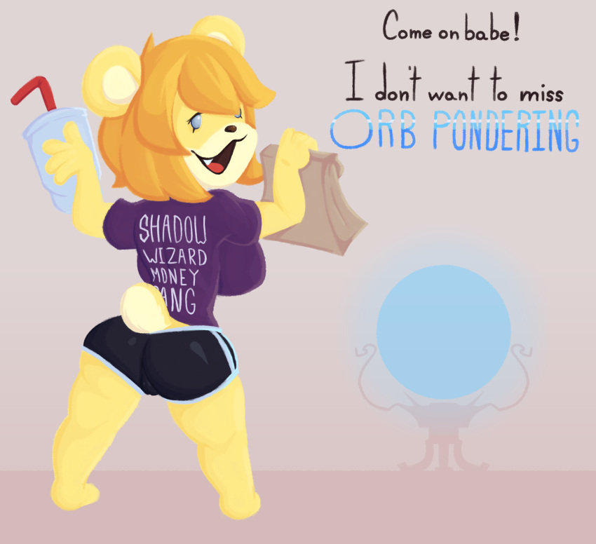 absurd_res bear blue_eyes camel_toe clothed clothing female fur hair hi_res mammal meme orange_hair razbunny short_stack smile solo tight_clothing yellow_body yellow_fur