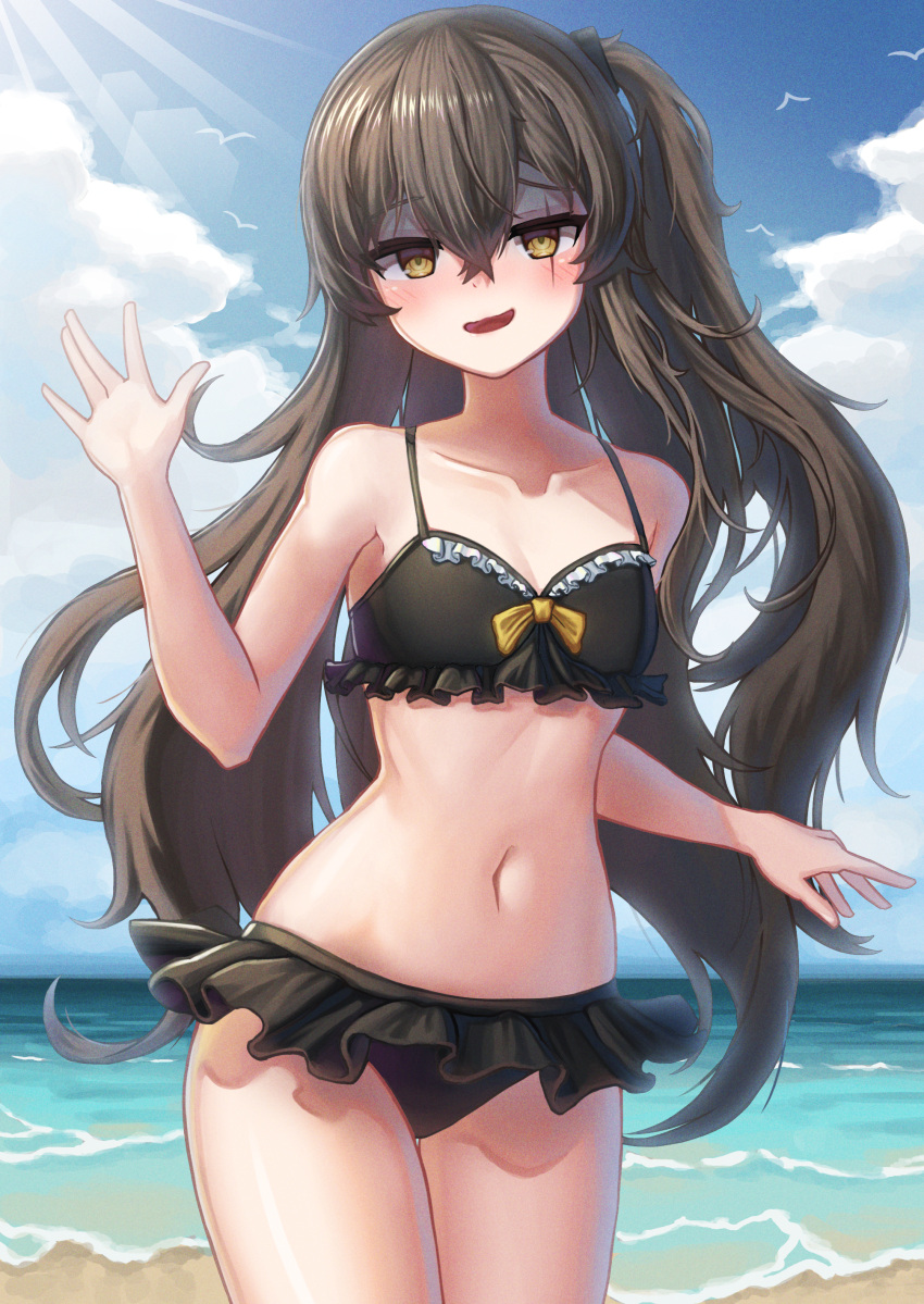 1girl :d absurdres bare_arms bare_shoulders beach bikini black_bikini black_hair blue_sky blush breasts brown_eyes cleavage cloud cloudy_sky collarbone commentary_request day frilled_bikini frills girls'_frontline hand_up highres horizon long_hair looking_at_viewer navel ocean one_side_up outdoors scar scar_across_eye shaded_face sky small_breasts smile solo standing stratosphere_(coom1017) swimsuit ump45_(girls'_frontline) very_long_hair water