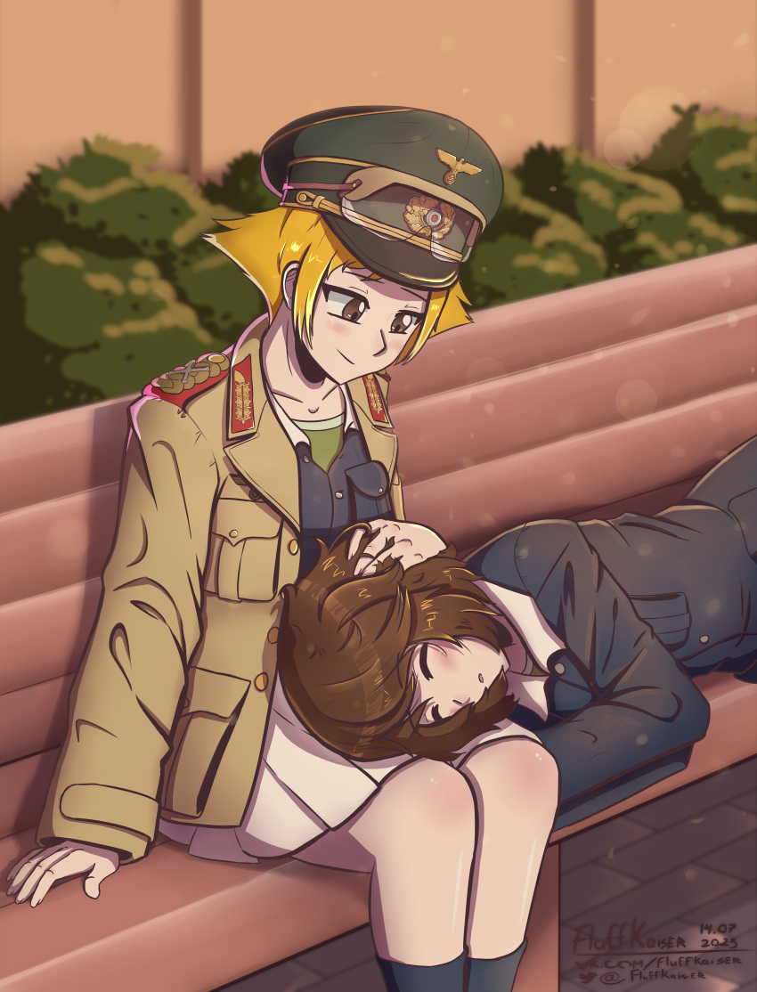 2girls absurdres akiyama_yukari artist_name bench black_socks blonde_hair blue_jacket blurry blurry_background brown_eyes brown_hair brown_jacket closed_mouth commentary dated english_commentary erwin_(girls_und_panzer) fluffkaiser girls_und_panzer goggles goggles_on_headwear green_headwear green_shirt hand_in_another's_hair hat highres jacket lap_pillow long_sleeves looking_at_another lying messy_hair military_hat military_jacket military_uniform miniskirt multiple_girls on_bench on_side ooarai_military_uniform open_clothes open_jacket park_bench parted_lips peaked_cap pleated_skirt pointy_hair shirt short_hair sitting skirt smile socks twitter_username uniform white_skirt yuri