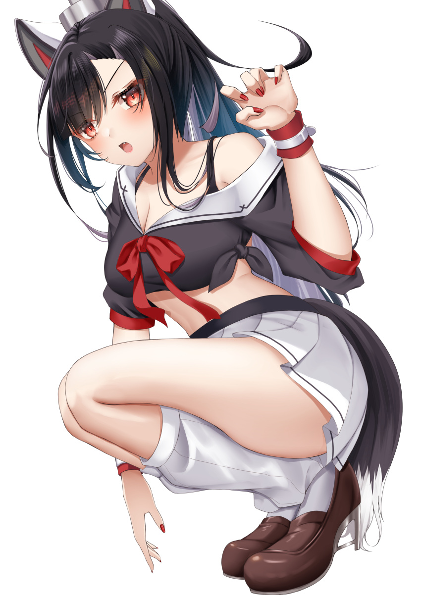 1girl :o absurdres animal_ears azur_lane bare_legs black_bra black_hair black_serafuku blush bow bowtie bra breasts claw_pose cleavage crop_top fang from_side full_body hair_over_one_eye hand_up hat high_heels highres kneehighs konparu_uran legs_folded legs_together long_hair looking_at_viewer medium_breasts midriff miniskirt nail_polish off_shoulder open_mouth pleated_skirt ponytail red_bow red_bowtie red_eyes red_nails sailor_collar school_uniform serafuku shigure_(azur_lane) shirt single_bare_shoulder skirt slit_pupils socks solo squatting tail thighs tied_shirt underwear very_long_hair