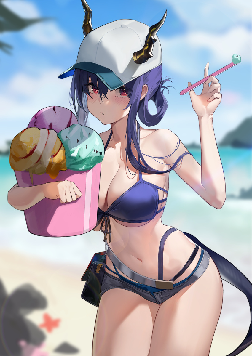 1girl arknights bikini blue_bikini blue_hair blue_sky breasts ch'en_(arknights) cleavage cloud commentary cowboy_shot day dragon_horns dragon_tail female_tourist_c_(arknights) food grey_shorts highres holding horns horns_through_headwear ice_cream large_breasts long_hair looking_at_viewer maanu micro_shorts navel outdoors red_eyes shorts sky solo standing stomach swimsuit tail thighs