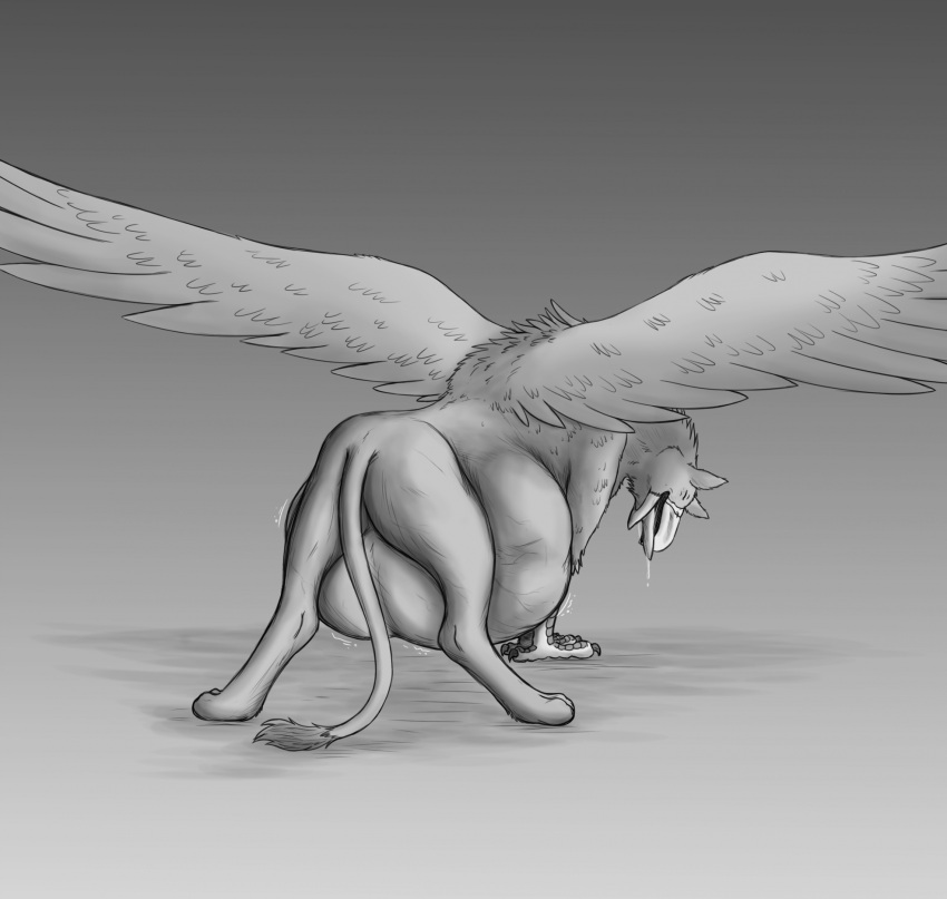 after_vore ambiguous_gender avian beak belly big_belly bodily_fluids butt digestion eyes_closed feral greyscale gryphon gryphon_pred hi_res monochrome mythological_avian mythology rear_view saliva solo thatgryphonguy tongue tongue_out vore wings