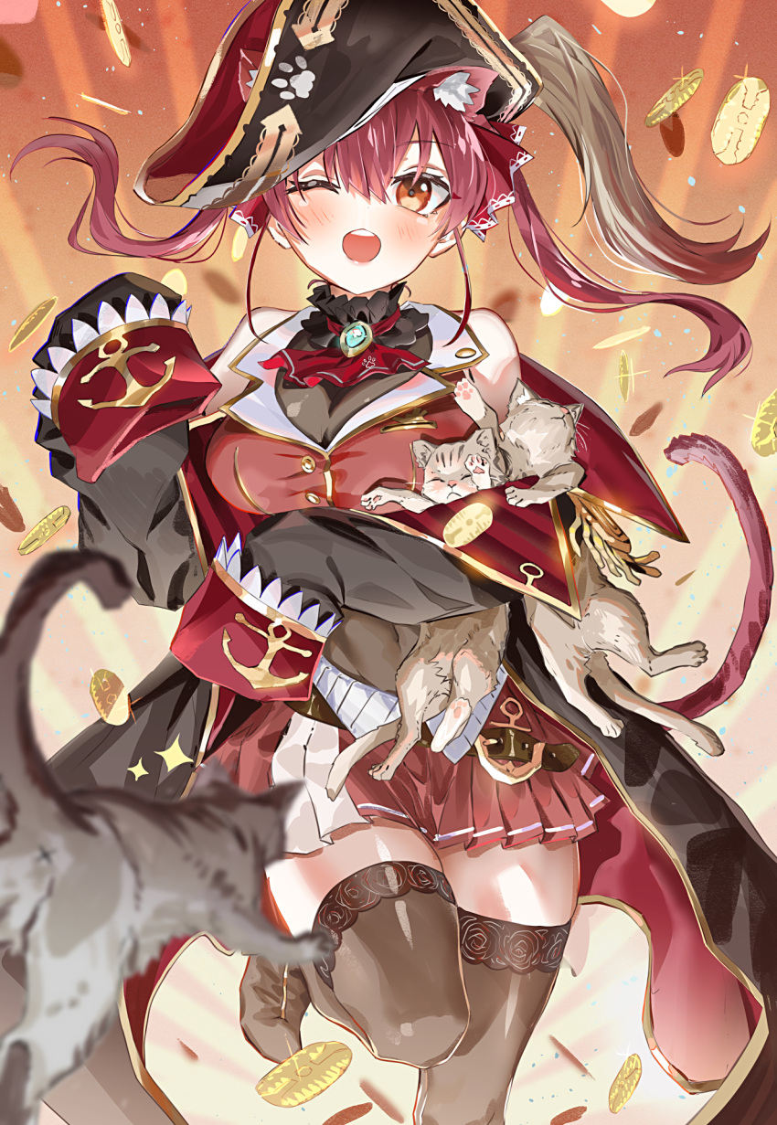 1girl animal animal_ear_fluff animal_ears ascot bicorne black_choker black_coat black_headwear black_thighhighs breasts cat cat_ears cat_girl cat_tail choker cleavage coat coin cropped_jacket frilled_choker frills gold_coin hair_ornament hair_ribbon hat highres holding holding_animal holding_cat hololive houshou_marine houshou_marine_(1st_costume) jacket large_breasts leotard leotard_under_clothes long_hair looking_at_viewer miniskirt open_mouth paw_print pirate_hat pleated_skirt red_ascot red_coat red_hair red_ribbon ribbon ryoma_(rym_369) skirt sleeves_past_wrists smile tail teeth thighhighs twintails two-sided_coat upper_teeth_only virtual_youtuber yellow_eyes