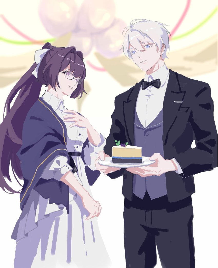 00quanta 1boy 1girl absurdres black_suit blue_eyes blurry blurry_background bow bowtie cake cake_slice collared_shirt couple dress food glasses hair_between_eyes hand_on_own_chest highres holding holding_plate honkai_(series) honkai_impact_3rd kevin_kaslana looking_at_another mei_(honkai_impact) plate ponytail purple_eyes purple_hair shirt standing suit white_bow white_dress white_hair