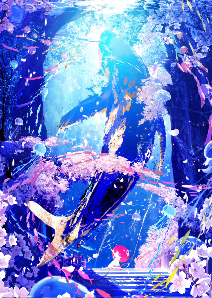 1other air_bubble blue_theme bubble cherry_blossoms commentary_request fence fish highres jellyfish makoron117117 original scenery silhouette solo stairs surreal tree underwater whale