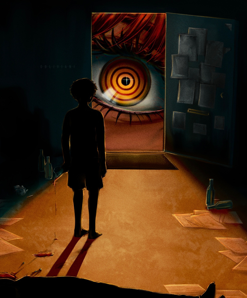 1boy 1girl aged_down blood bottle chainsaw_man corpse denji_(chainsaw_man) disembodied_eye dripping eyelashes faceless from_behind highres holding holding_bottle horror_(theme) looking_at_another makima_(chainsaw_man) male_child obliviani open_door paper red_hair ringed_eyes shadowed short_hair shorts signature yellow_eyes