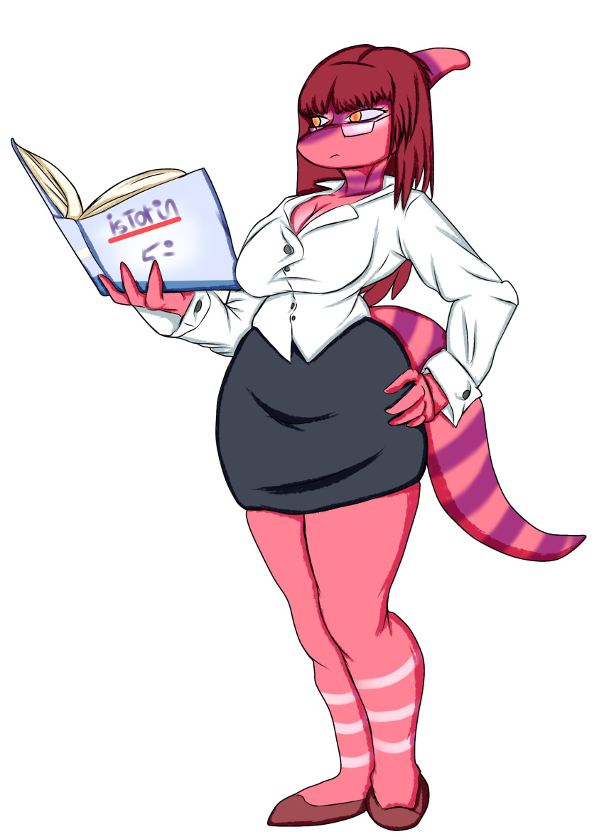 absurd_res amber_eyes anthro book breasts cleavage clothed clothing colored dinosaur dress_shirt fan_character female hadrosaurid hair hand_on_hip hi_res holding_book holding_object long_hair long_tail macrodraws ornithischian parasaurolophus pink_body reptile scalie shirt simple_background snoot_game solo tail topwear wide_hips