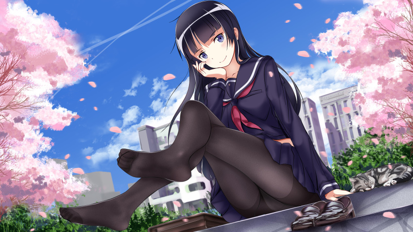 1girl arm_support black_footwear black_hair black_pantyhose blue_eyes blue_sailor_collar blue_skirt blue_sky building cat cherry_blossoms closed_mouth cloud commentary_request crossed_legs day edogawakid falling_petals feet gokou_ruri hand_on_own_cheek hand_on_own_face head_rest highres knees_up legs loafers long_hair looking_at_viewer neckerchief no_shoes ore_no_imouto_ga_konna_ni_kawaii_wake_ga_nai outdoors pantyhose petals pleated_skirt red_neckerchief sailor_collar school_briefcase school_uniform serafuku shoes sitting skirt sky smile soles solo toes tree