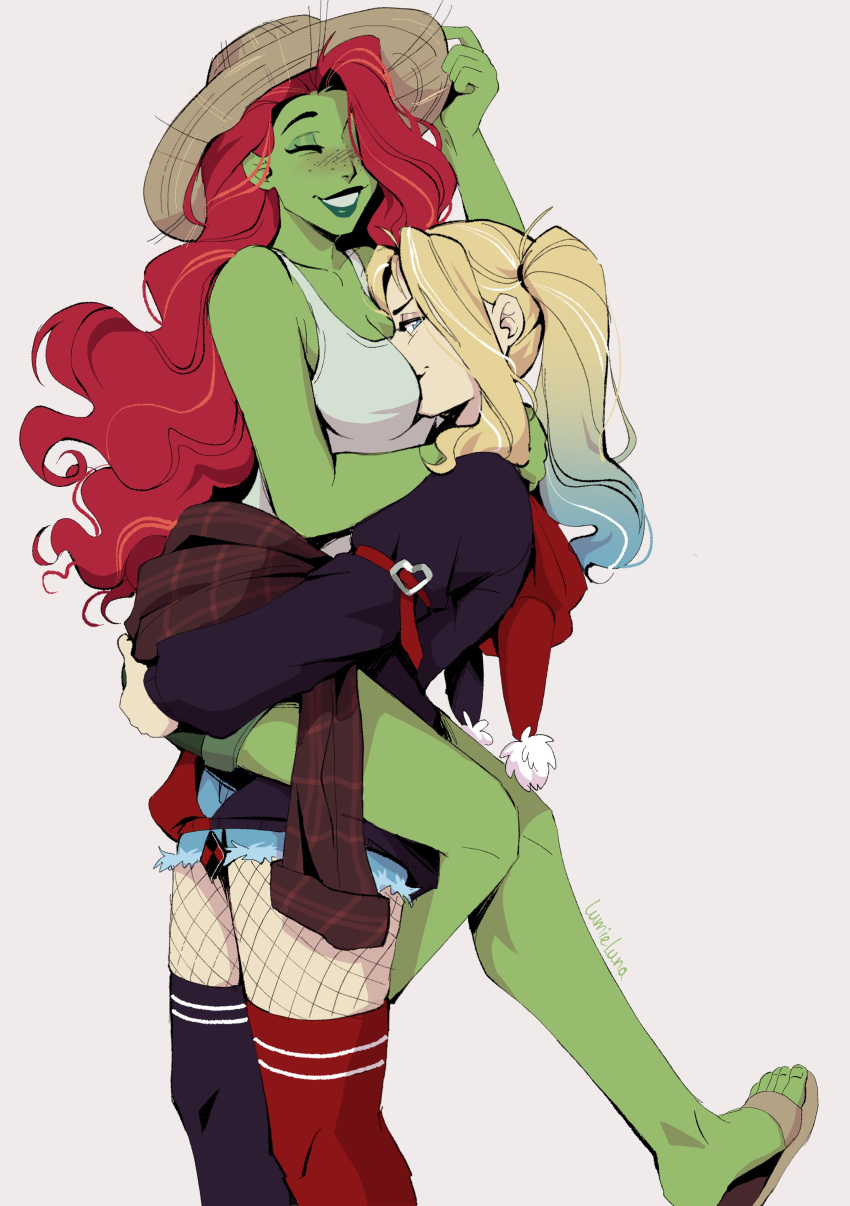 2girls absurdres artist_name between_breasts blonde_hair blue_hair breasts carrying carrying_person closed_eyes colored_skin dc_comics face_between_breasts fishnets flip-flops freckles gradient_hair green_skin grey_background harley_quinn hat head_between_breasts heart highres long_hair long_sleeves looking_at_viewer lumieluna medium_breasts multicolored_hair multiple_girls poison_ivy red_hair sandals simple_background smile smug straw_hat teeth thighhighs two-tone_hair watermark yuri