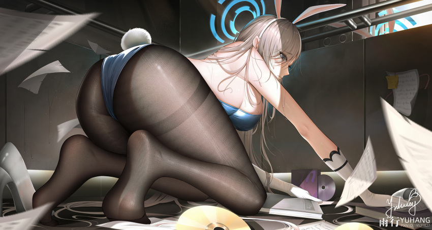 1girl all_fours animal_ears artist_name ass asuna_(blue_archive) asuna_(bunny)_(blue_archive) black_pantyhose blue_archive blue_halo blue_leotard blurry breasts cd closed_mouth commentary depth_of_field elevator fake_animal_ears fake_tail from_behind gloves grey_eyes halo highres indoors kneehighs large_breasts leotard light_brown_hair long_hair no_shoes official_alternate_costume pantyhose paper pixiv_id playboy_bunny rabbit_ears rabbit_tail reflection signature socks soles solo sweat tail thighband_pantyhose thighs white_gloves yuxing_yuhang