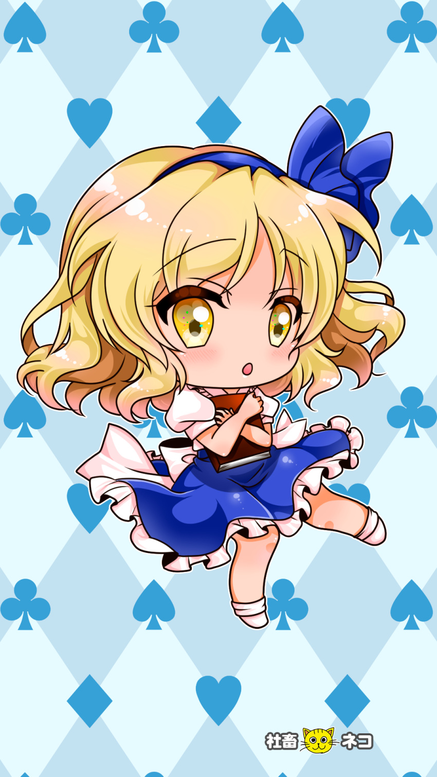 1girl :o alice_margatroid alice_margatroid_(pc-98) back_bow blonde_hair blue_background blue_hairband blue_ribbon blue_sky book bow club_(shape) diamond_(shape) frilled_skirt frills full_body grimoire_of_alice hair_bow hairband heart highres holding holding_book medium_hair puffy_short_sleeves puffy_sleeves ribbon shachikuneko000 shirt short_sleeves skirt sky socks solo spade_(shape) touhou touhou_(pc-98) white_bow white_shirt white_socks yellow_eyes