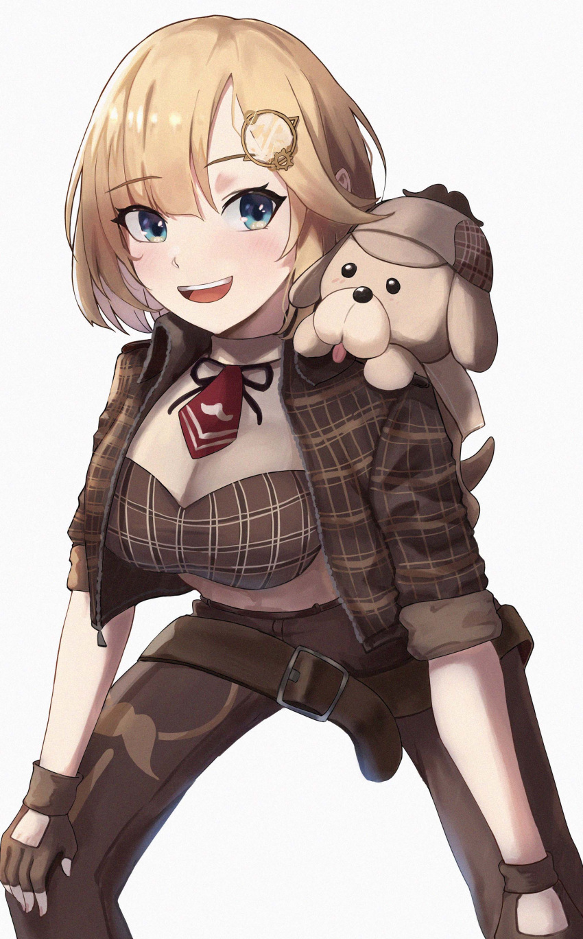 1girl absurdres alternate_costume asymmetrical_bangs belt blonde_hair blue_eyes blush breasts brown_pants bubba_(watson_amelia) cleavage deerstalker english_commentary gloves hair_ornament hands_on_own_knees hat highres hololive jacket large_breasts leaning_forward light_blush looking_at_viewer necktie open_mouth pants plaid shirt short_hair short_sleeves simple_background sleeves_rolled_up smile solo squatting stuffed_animal stuffed_toy teeth vicarious virtual_youtuber watson_amelia white_background