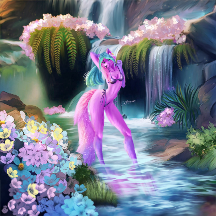 alltera anthro canid canine canis clothing female flower folx fox hi_res hybrid invalid_tag lake landscape lottery mammal mountain plant sfw solo swimwear waterfall wolf ych