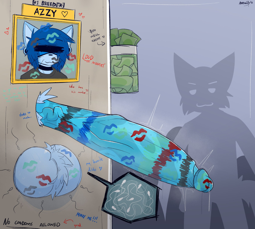 aimpunch anthro azura_(aimpunch) balls big_balls big_penis blue_body blue_fur blue_hair bodily_fluids censor_bar censored circumcised dripping fluffy fur genital_fluids genitals glory_hole hair hi_res huge_penis hyper hyper_genitalia hyper_penis kiss_mark lipstick lipstick_on_balls lipstick_on_penis makeup male mammal money musk penis piercing portrait precum precum_drip procyonid pubes raccoon solo sperm_cell text unknown_character vein veiny_penis