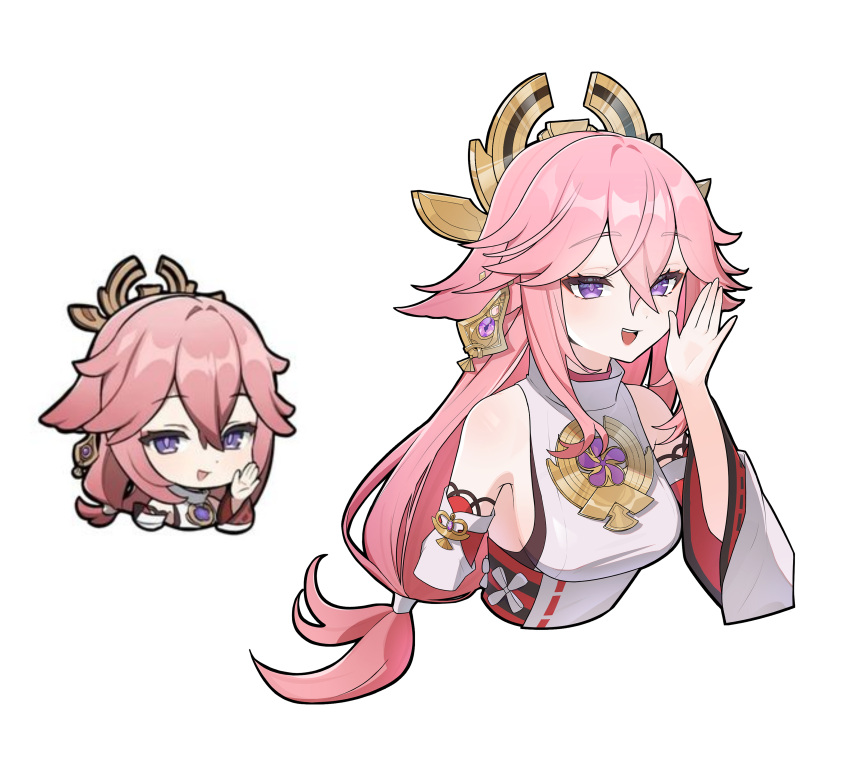 1girl absurdres animal_ears bare_shoulders breasts chibi cropped_torso detached_sleeves earrings fox_ears genshin_impact genshin_impact_sticker_redraw_(meme) hair_between_eyes hair_ornament hand_up highres japanese_clothes jewelry long_hair long_sleeves meme mo80_rr open_mouth pink_hair purple_eyes reference_inset smile solo teeth upper_body upper_teeth_only very_long_hair wide_sleeves yae_miko