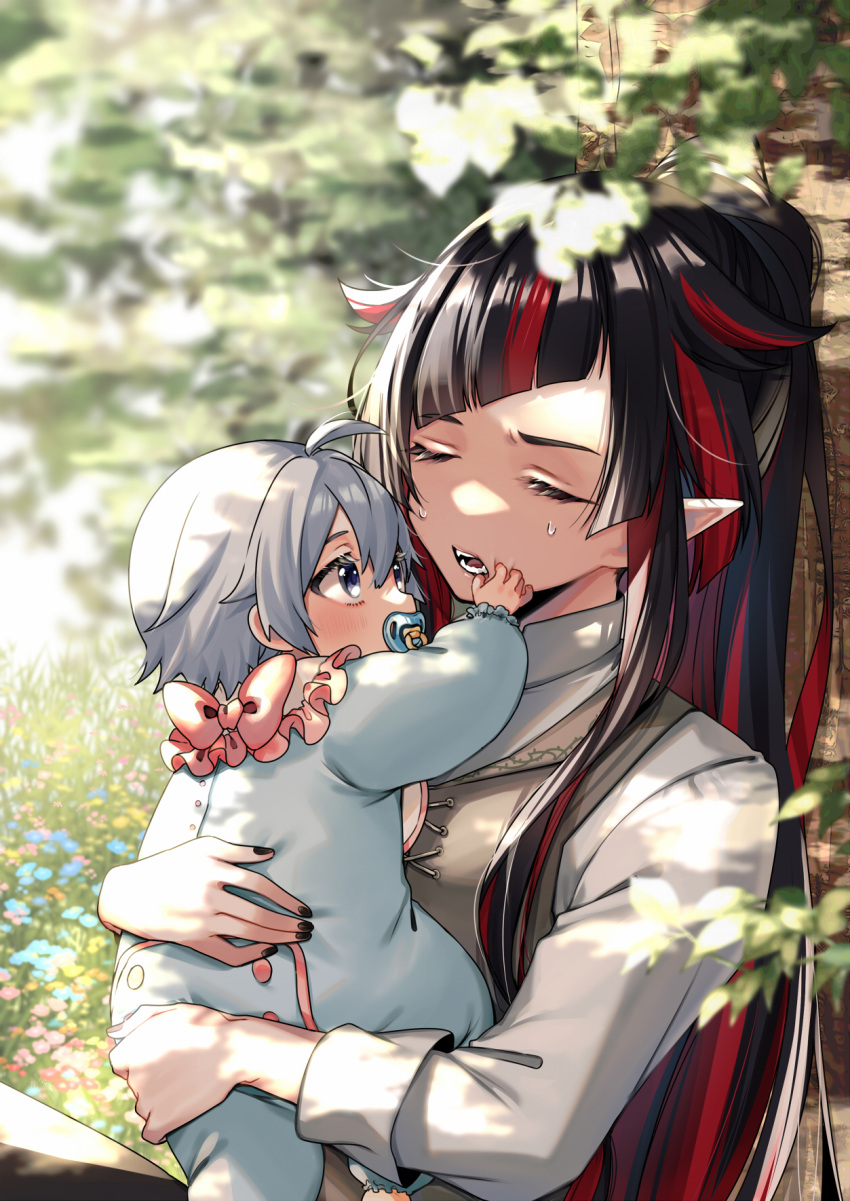 2boys against_tree ahoge baby bib black_hair black_nails blue_eyes blunt_bangs blunt_ends brown_vest closed_eyes fangs field flower flower_field frilled_sleeves frills furrowed_brow grass grey_hair hair_horns hand_on_another's_face high_collar highres holding_baby lilia_vanrouge long_hair long_sleeves looking_at_another male_focus multicolored_hair multiple_boys onesie open_mouth outdoors pacifier pajamas pointy_ears ponytail red_hair short_hair sidelocks silver_(twisted_wonderland) sitting streaked_hair sweat tobidayooon tree twisted_wonderland vest